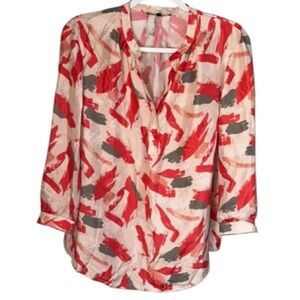 Lafayette 148 blouse sold size 12 3/4 sleeve red pink gray abstract shirt